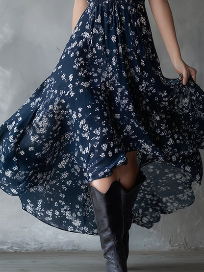 Halter Floral Sleeveless Ruched Fitted Asymmetrical Dress