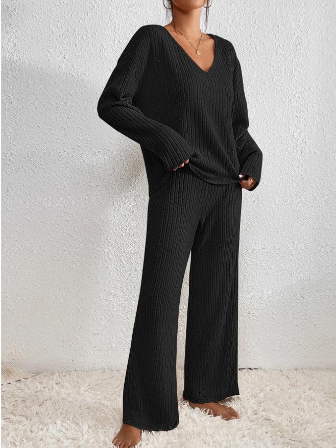 V-Neck Long Sleeve Loungewear Set with Wide Leg Pants