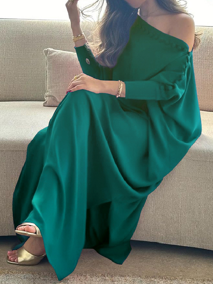Button Trim Asymmetric Off Shoulder Slit Maxi Dress