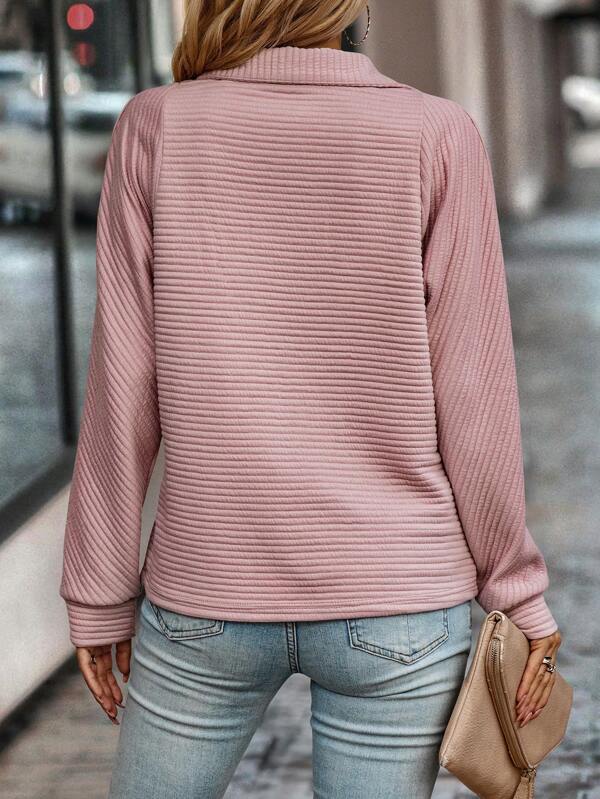 Collared Zip-Up Ribbed Quarter-Zip Sweater For Women