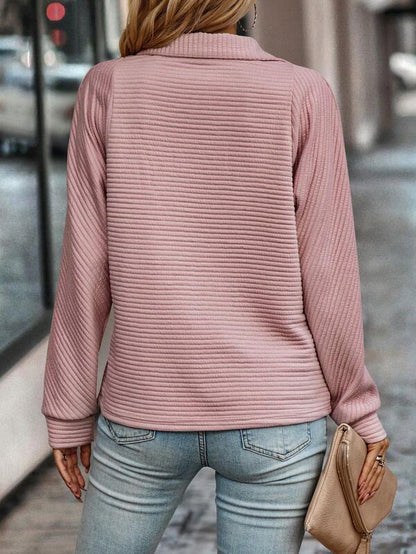 Collared Zip-Up Ribbed Quarter-Zip Sweater For Women