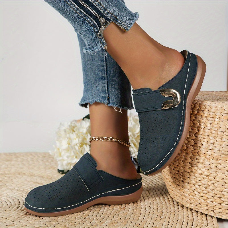 Round Closed Perforated Backless Stitched Buckled Sandals