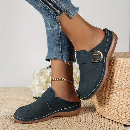 Round Closed Perforated Backless Stitched Buckled Sandals