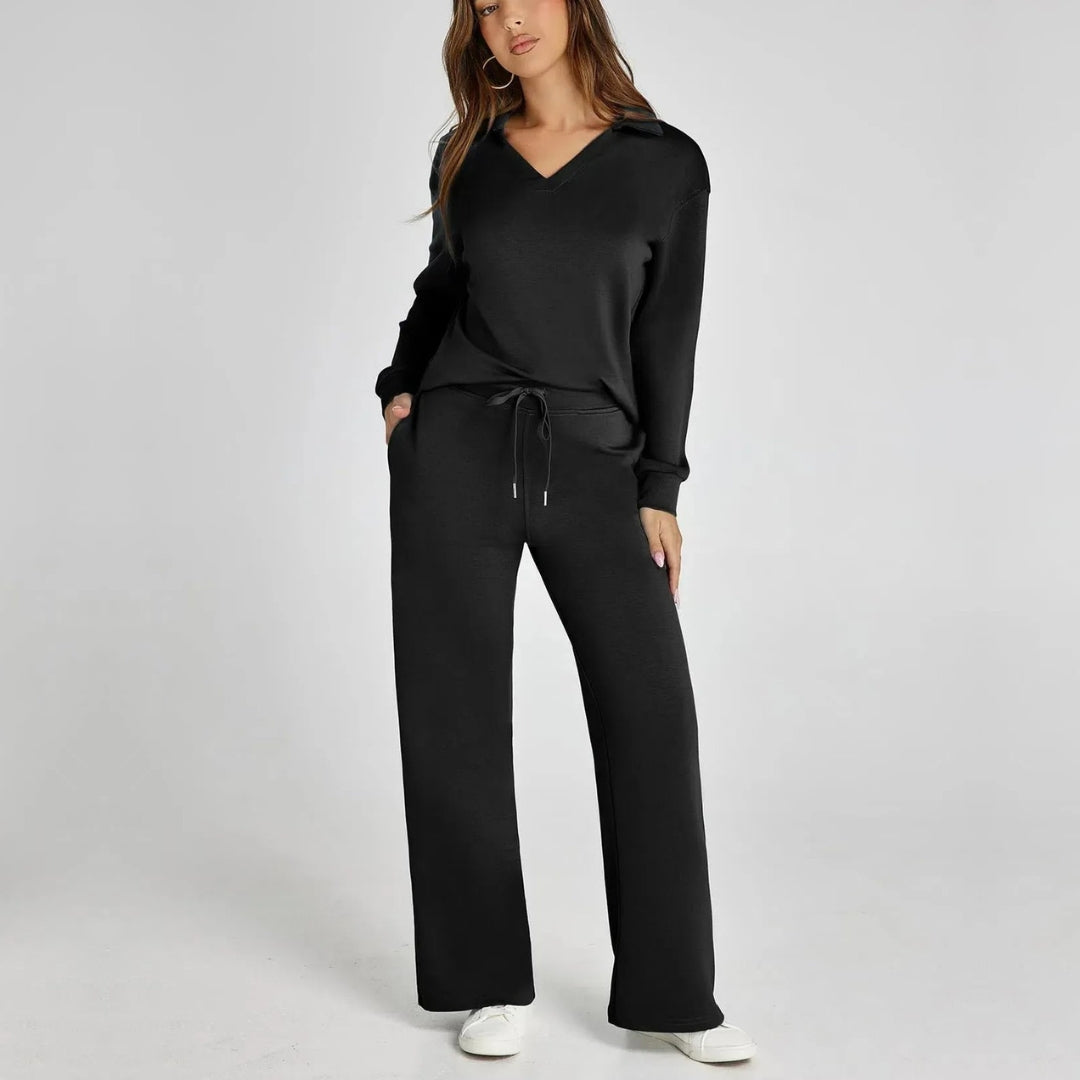 Women's V-Neck Long Sleeve Loungewear Set with Wide Leg Trousers