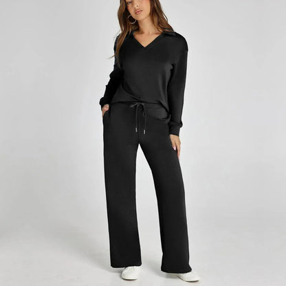 Women's V-Neck Long Sleeve Loungewear Set with Wide Leg Trousers