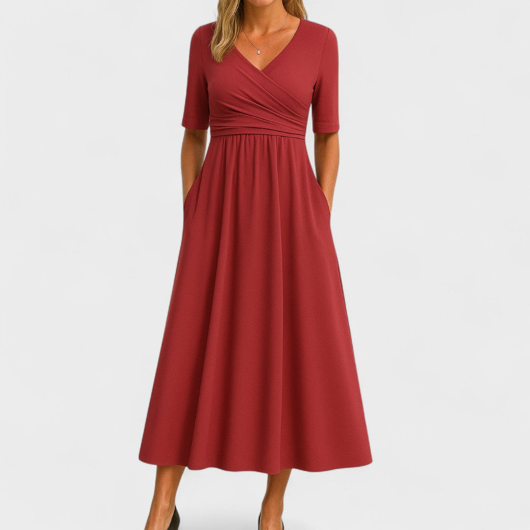V-Neck Pocketed Midi Dress