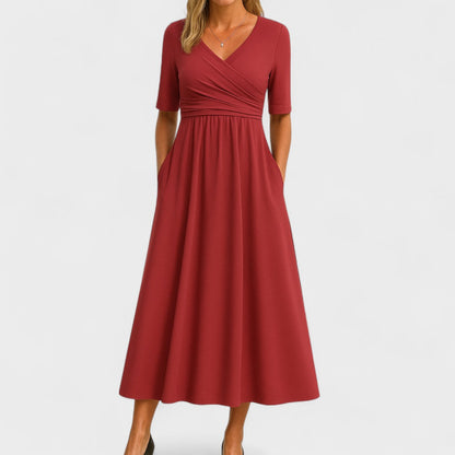 V-Neck Pocketed Midi Dress