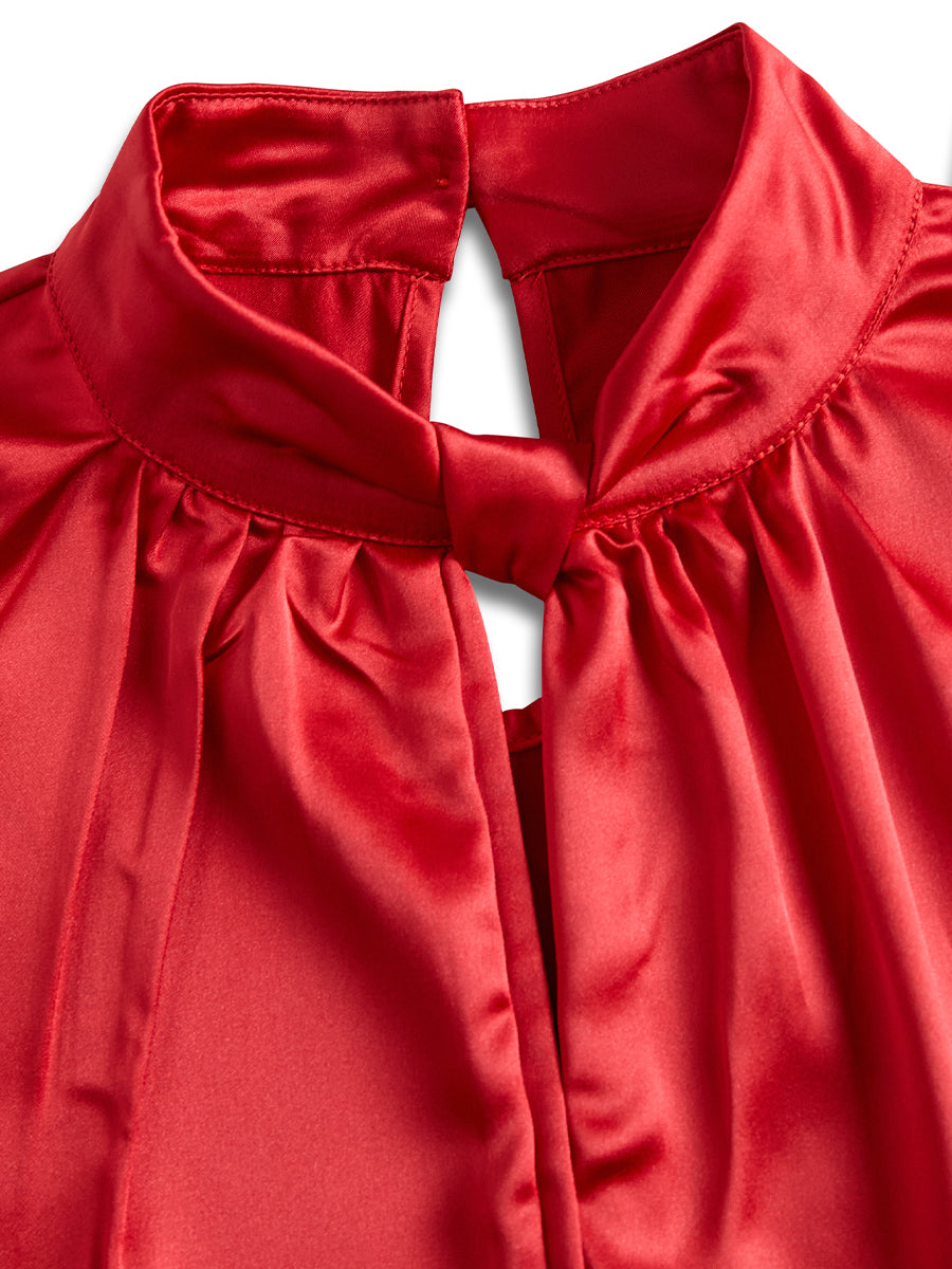 High Neck Keyhole Pleated Cuffed Blouse