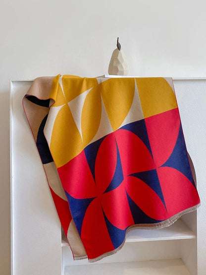 Geometric Curved Fringed Rectangular Long Scarf