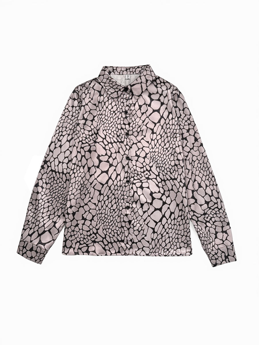Patterned Collared Buttoned Cuffed Loose Straight Blouse