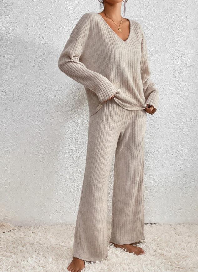 V-Neck Long Sleeve Loungewear Set with Wide Leg Pants