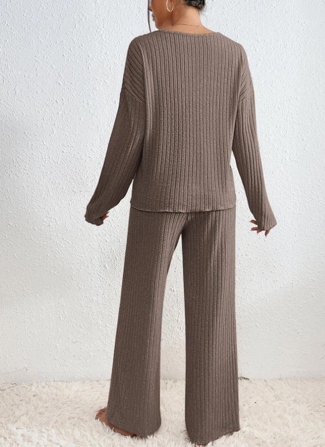 V-Neck Long Sleeve Loungewear Set with Wide Leg Pants