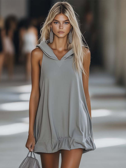 Sleeveless Hooded Flared Gathered Ruffled Mini Dress