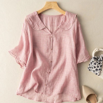 Ruffled Short Sleeve V Neck Blouse