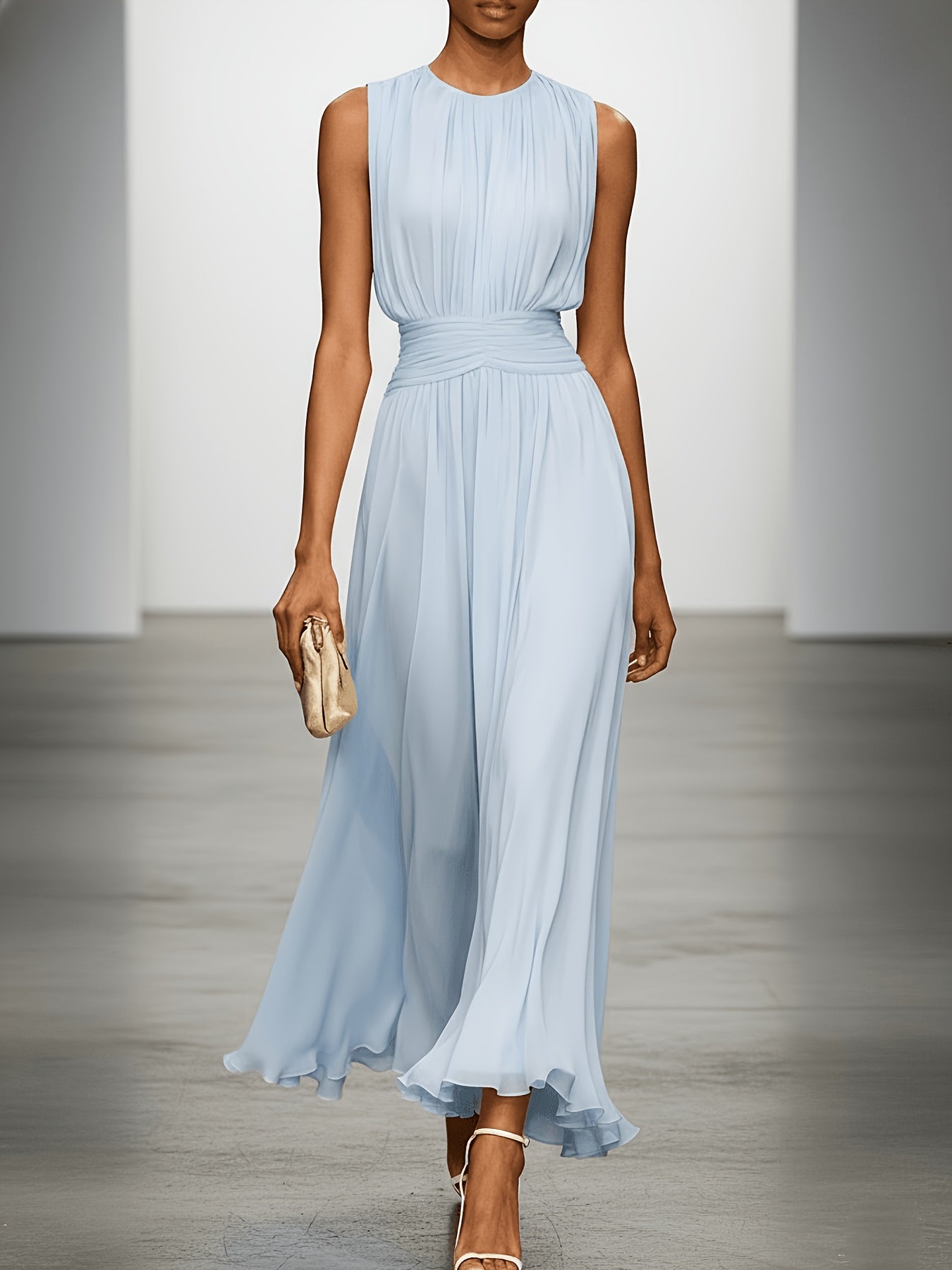 Sleeveless Ruched Waist Pleated Maxi Dress
