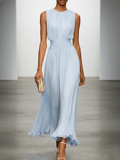 Sleeveless Ruched Waist Pleated Maxi Dress