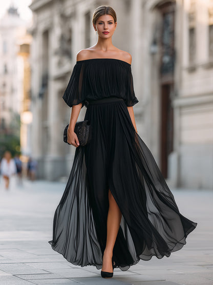 Off Shoulder Balloon Sleeve Pleated Dress