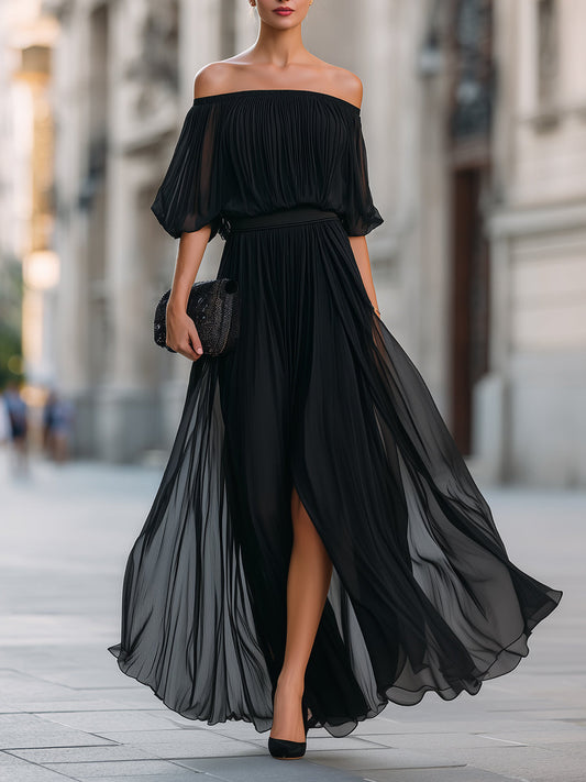 Off Shoulder Balloon Sleeve Pleated Dress