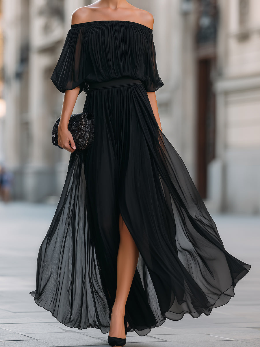 Off Shoulder Balloon Sleeve Pleated Dress