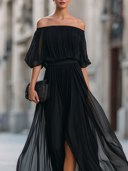 Off Shoulder Balloon Sleeve Pleated Dress