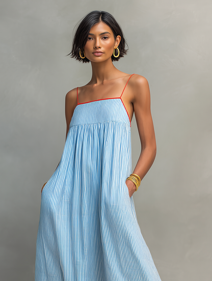 Striped Sleeveless Spaghetti Strap Gathered Maxi Dress