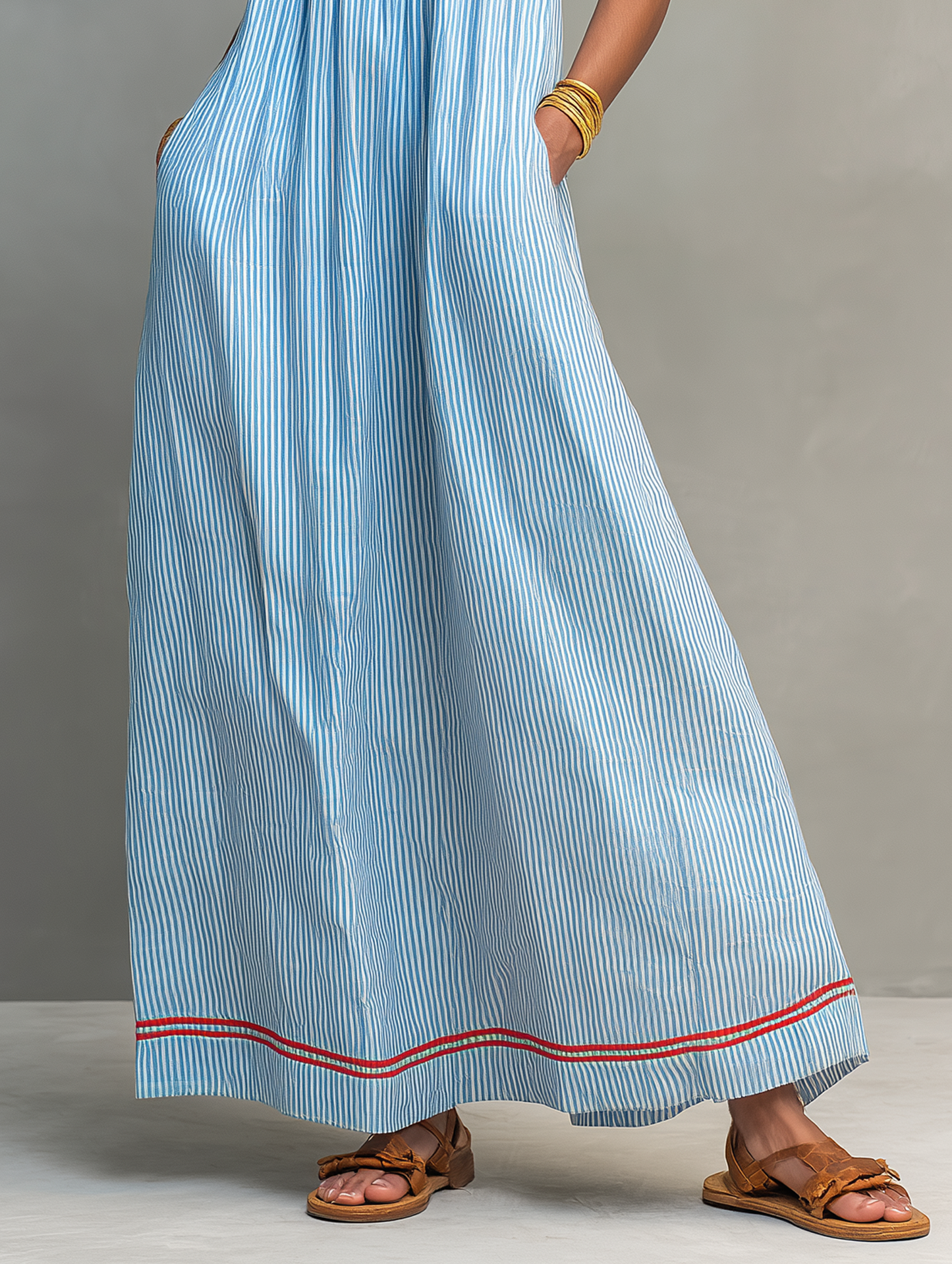 Striped Sleeveless Spaghetti Strap Gathered Maxi Dress