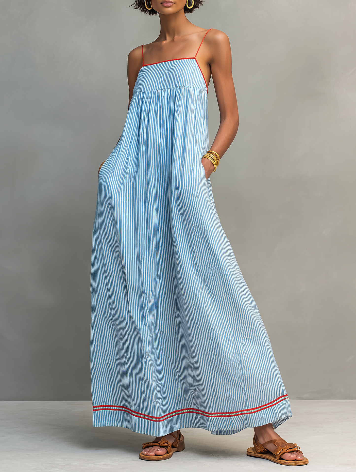 Striped Sleeveless Spaghetti Strap Gathered Maxi Dress
