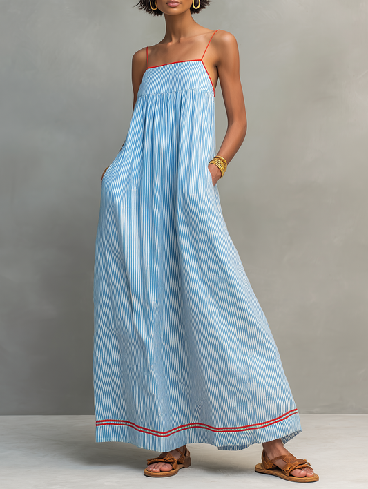 Striped Sleeveless Spaghetti Strap Gathered Maxi Dress