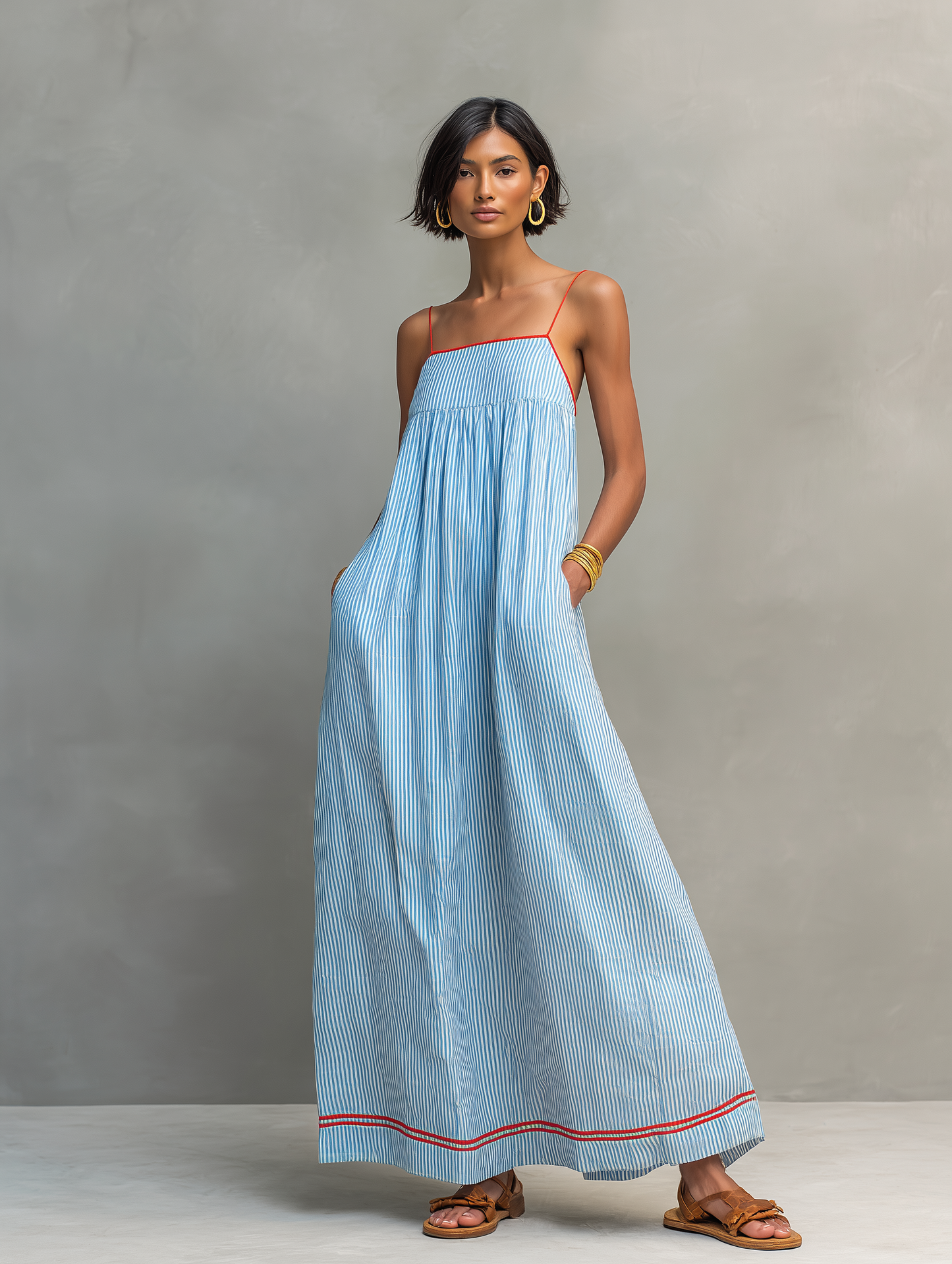 Striped Sleeveless Spaghetti Strap Gathered Maxi Dress