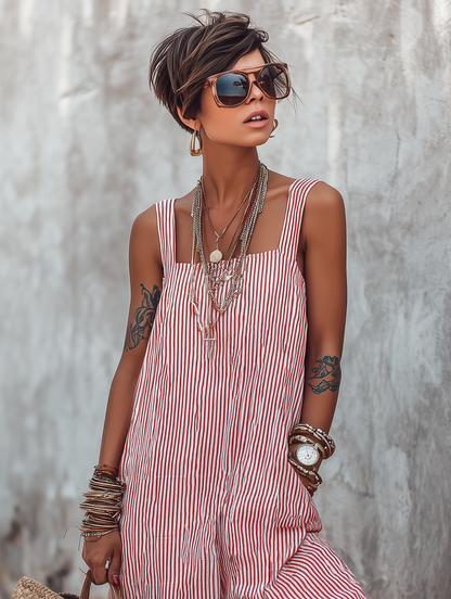 Striped Sleeveless Square Neck Wide Leg Jumpsuit