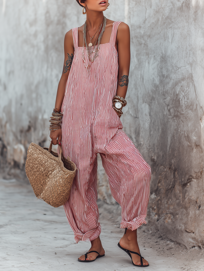 Striped Sleeveless Square Neck Wide Leg Jumpsuit