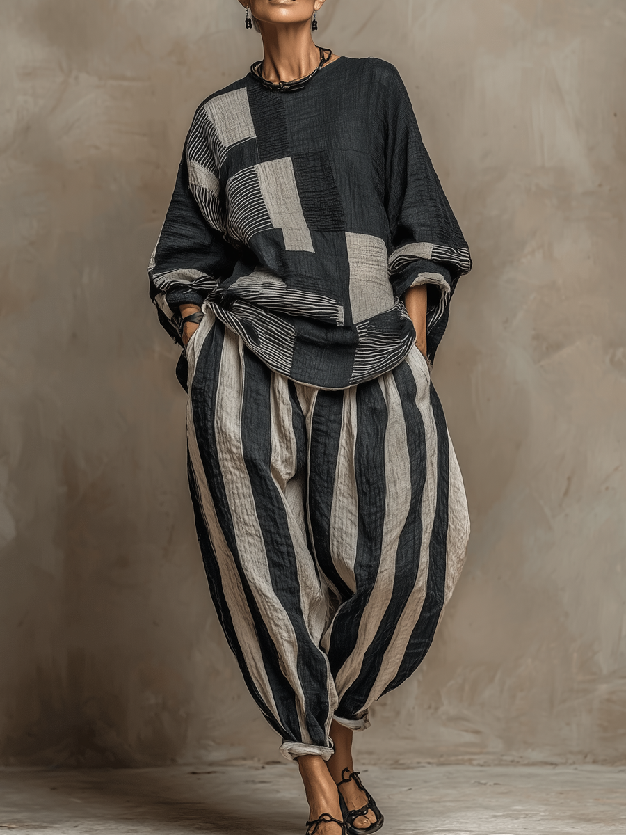 Women's Round Neck Long Sleeve Colour-Block Top and Striped Trouser Set