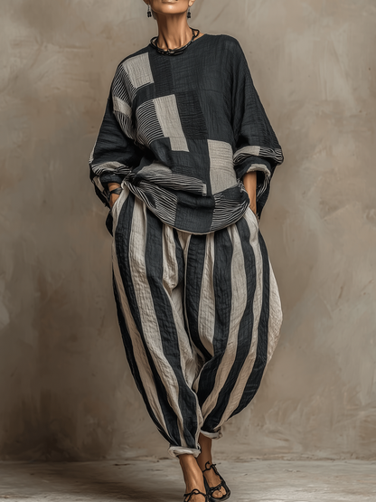 Women's Round Neck Long Sleeve Colour-Block Top and Striped Trouser Set