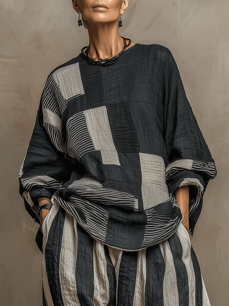 Women's Round Neck Long Sleeve Colour-Block Top and Striped Trouser Set