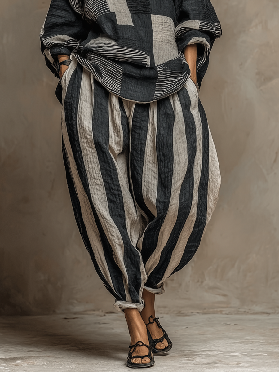 Women's Round Neck Long Sleeve Colour-Block Top and Striped Trouser Set