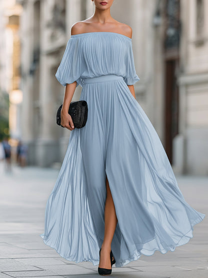 Off Shoulder Balloon Sleeve Pleated Dress
