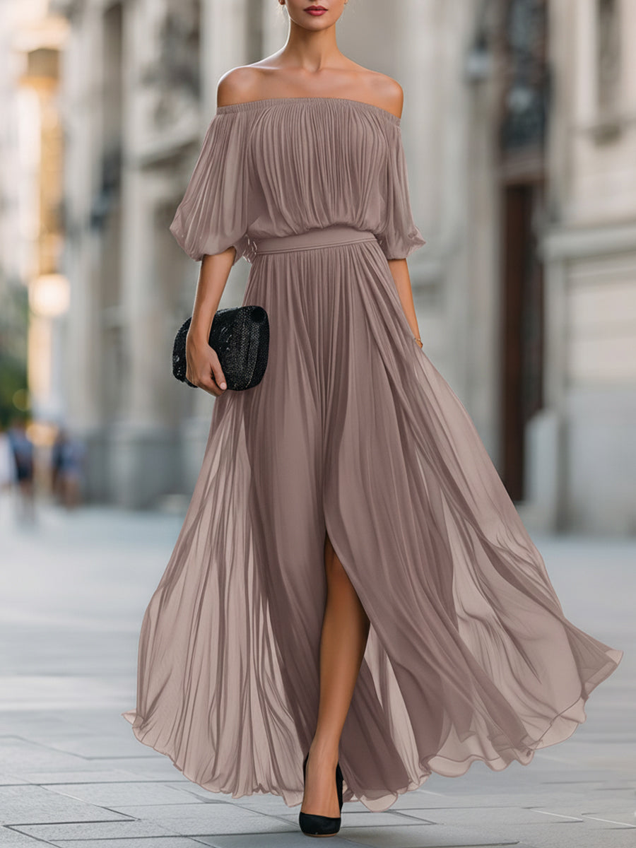 Off Shoulder Balloon Sleeve Pleated Dress