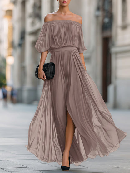 Off Shoulder Balloon Sleeve Pleated Dress