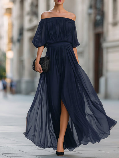 Off Shoulder Balloon Sleeve Pleated Dress
