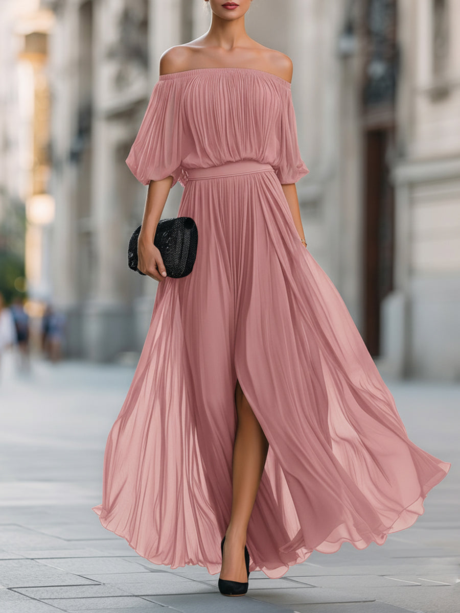Off Shoulder Balloon Sleeve Pleated Dress