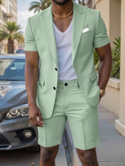 Short Sleeve Lapel Structured Buttoned Pocketed Set