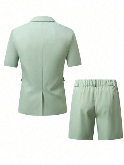 Short Sleeve Lapel Structured Buttoned Pocketed Set