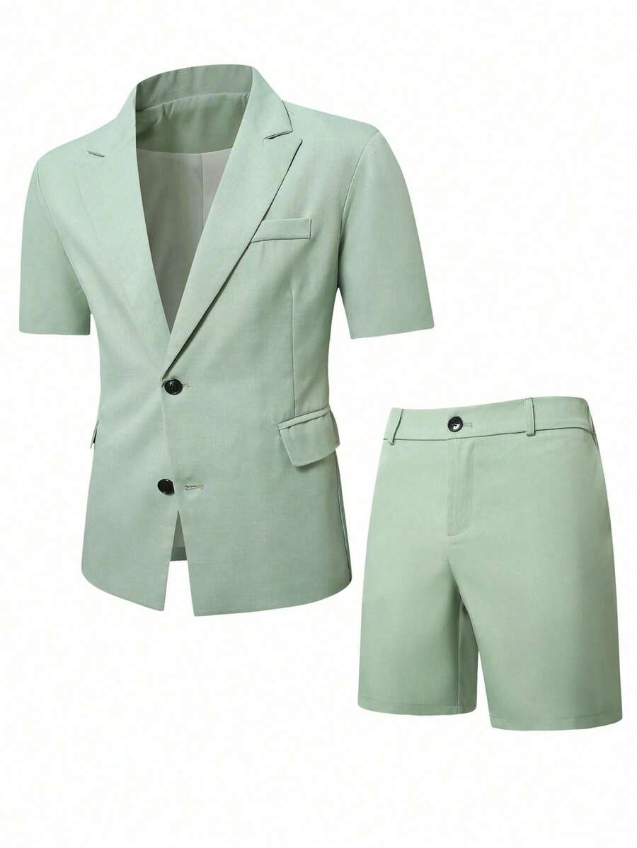Short Sleeve Lapel Structured Buttoned Pocketed Set