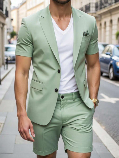 Short Sleeve Lapel Structured Buttoned Pocketed Set