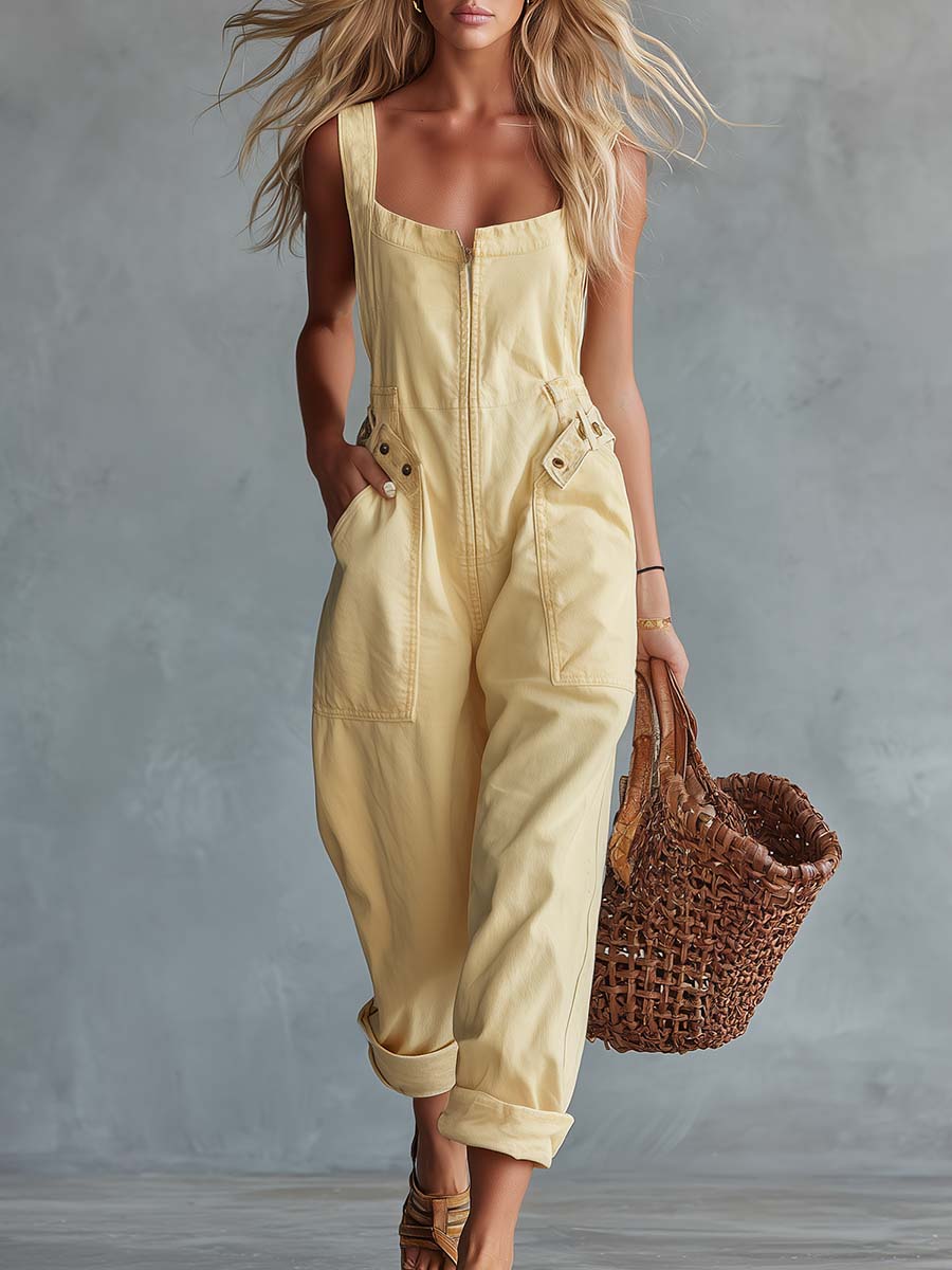 Sleeveless Square Zippered Belted Pocketed Relaxed Jumpsuit