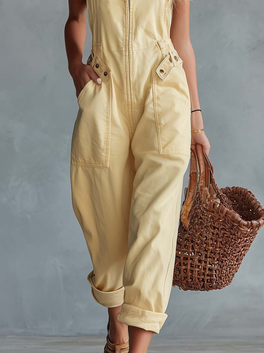 Sleeveless Square Zippered Belted Pocketed Relaxed Jumpsuit