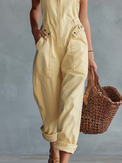 Sleeveless Square Zippered Belted Pocketed Relaxed Jumpsuit