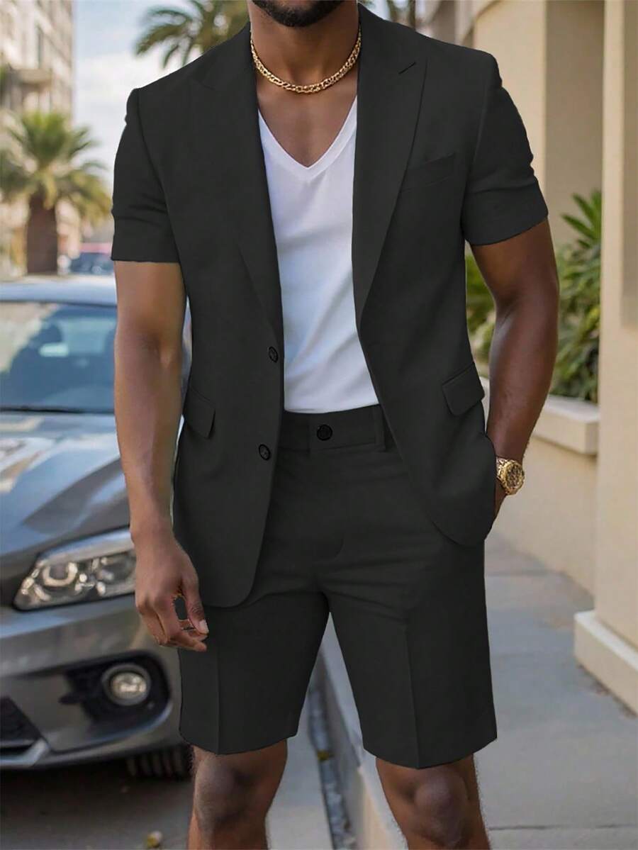 Short Sleeve Lapel Structured Buttoned Pocketed Set