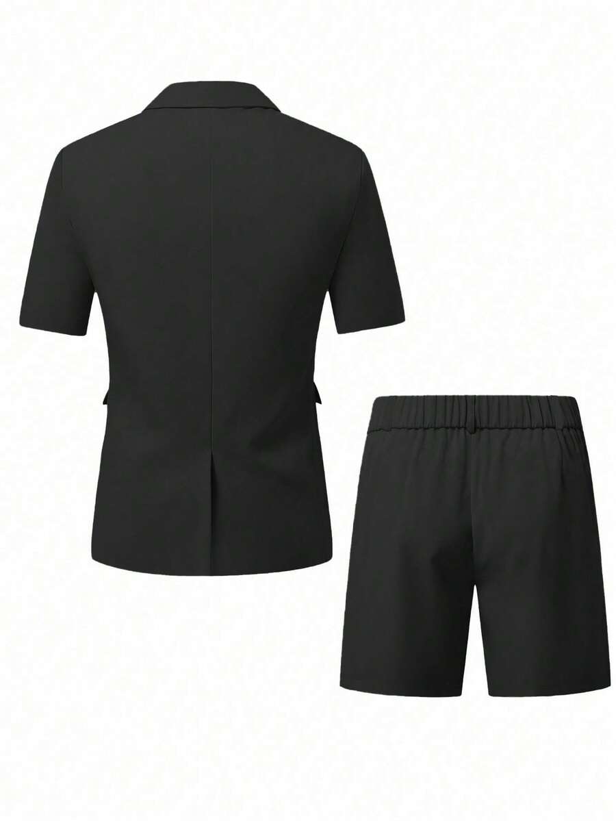 Short Sleeve Lapel Structured Buttoned Pocketed Set