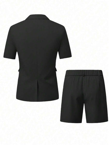 Short Sleeve Lapel Structured Buttoned Pocketed Set